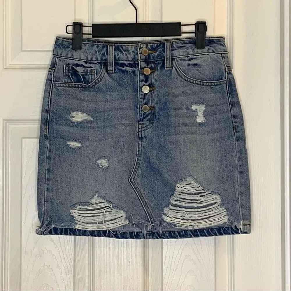 Kancan Light Wash Distressed High Rise Denim Skirt Size Small